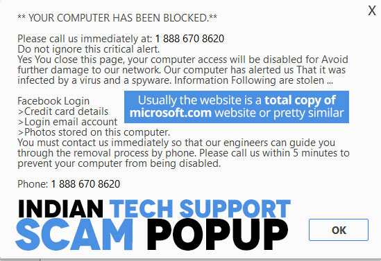 Indian tech support scammer phone numbers scam popup